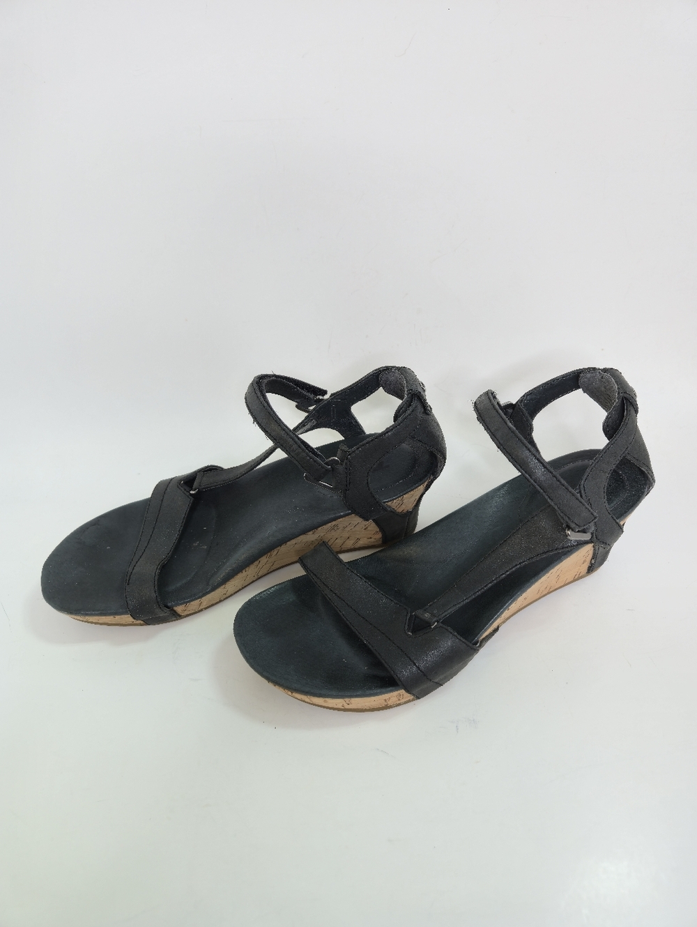 Teva Ladies Black Cork Wedge Sandals With Adjustable Straps Size 7